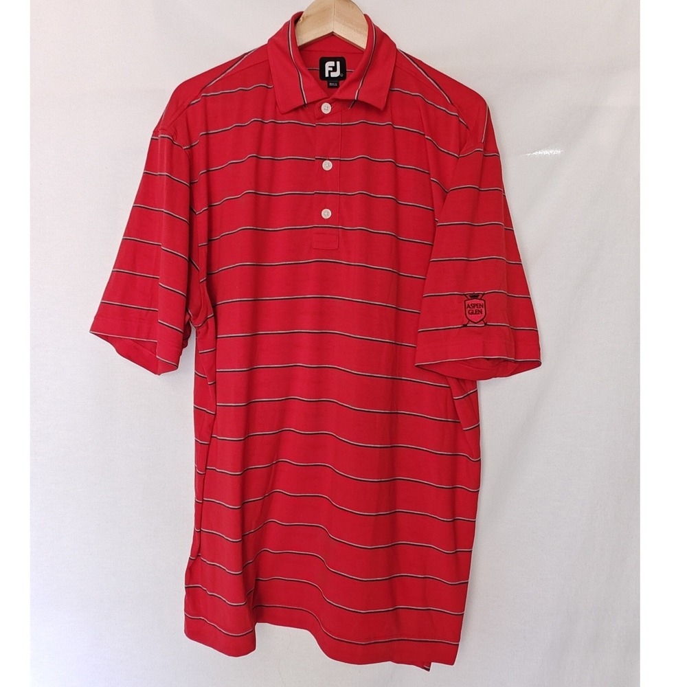 FootJoy Golf‎ Polo Shirt Red Gray Stripe Short Sleeve Aspen Glen Logo Size L